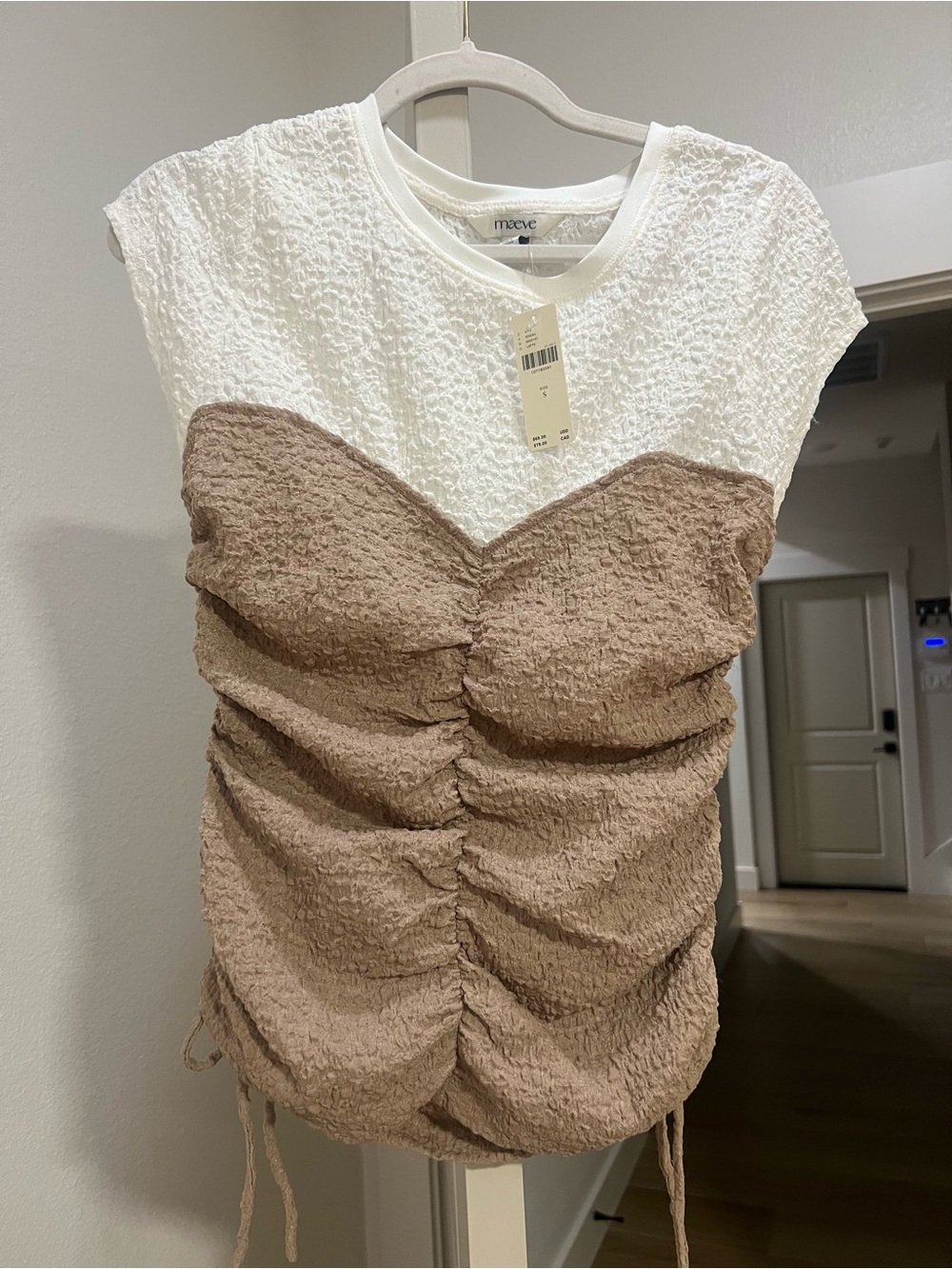 Maeve Two-Tone White and Tan Ruched Crop Top